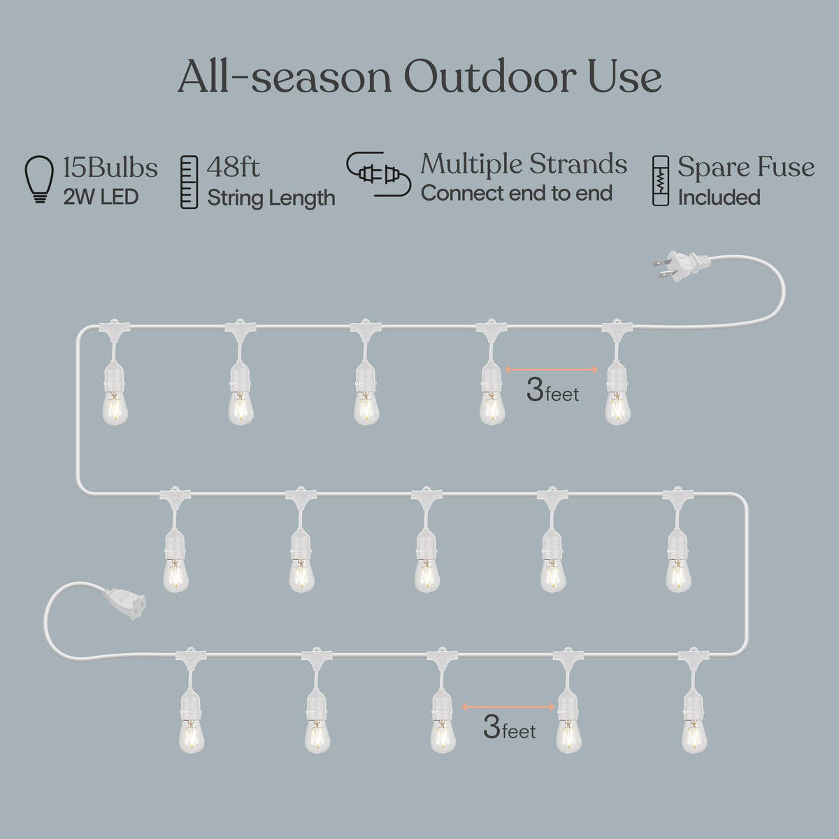 Brightech Ambience Pro weatherproof cord endures wind and rain for year-round use.
