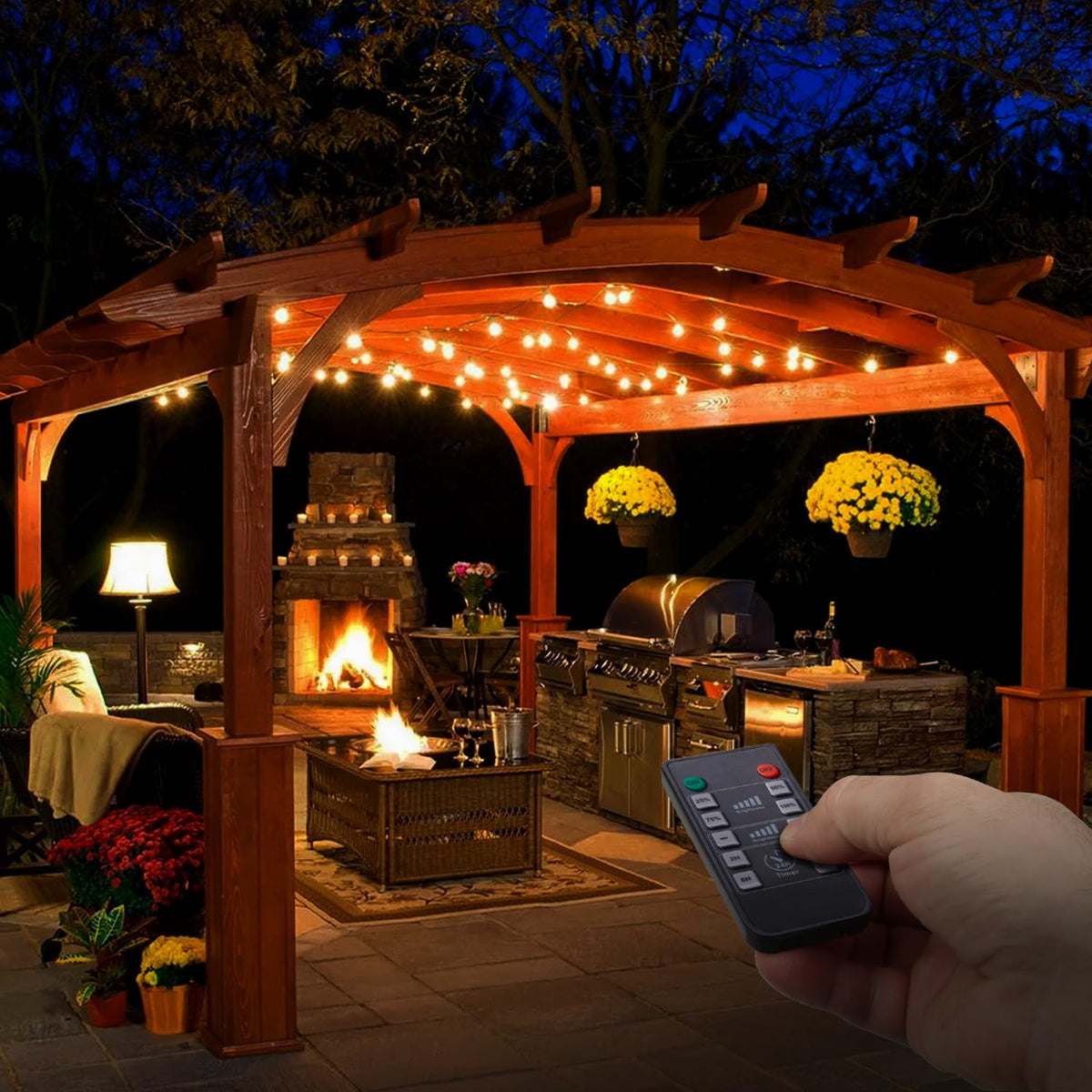Brightech LED outdoor string lights glow with adjustable brightness for mood lighting.
