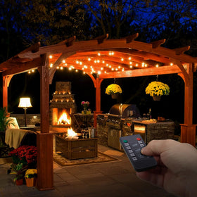 Brightech LED outdoor string lights glow with adjustable brightness for mood lighting.