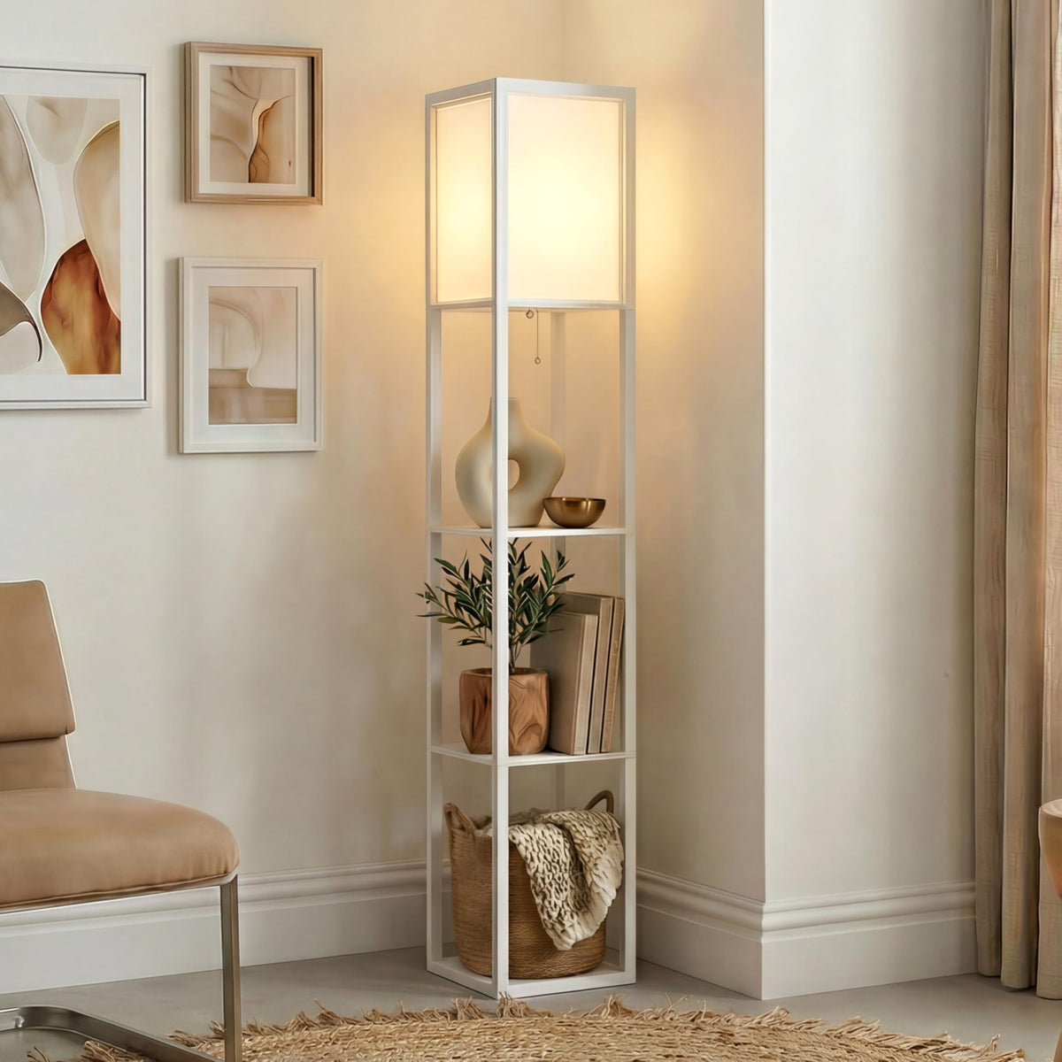 Brightech Maxwell shelf lamp assembly showing integrated shelves for compact storage.
