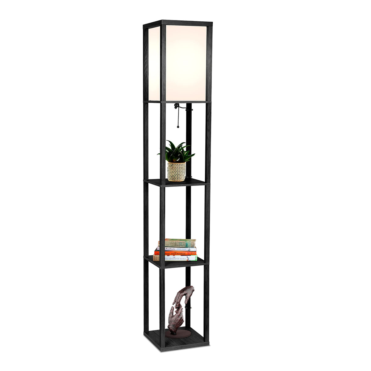 Brightech Maxwell shelf lamp with shade for versatile living room lighting and display.