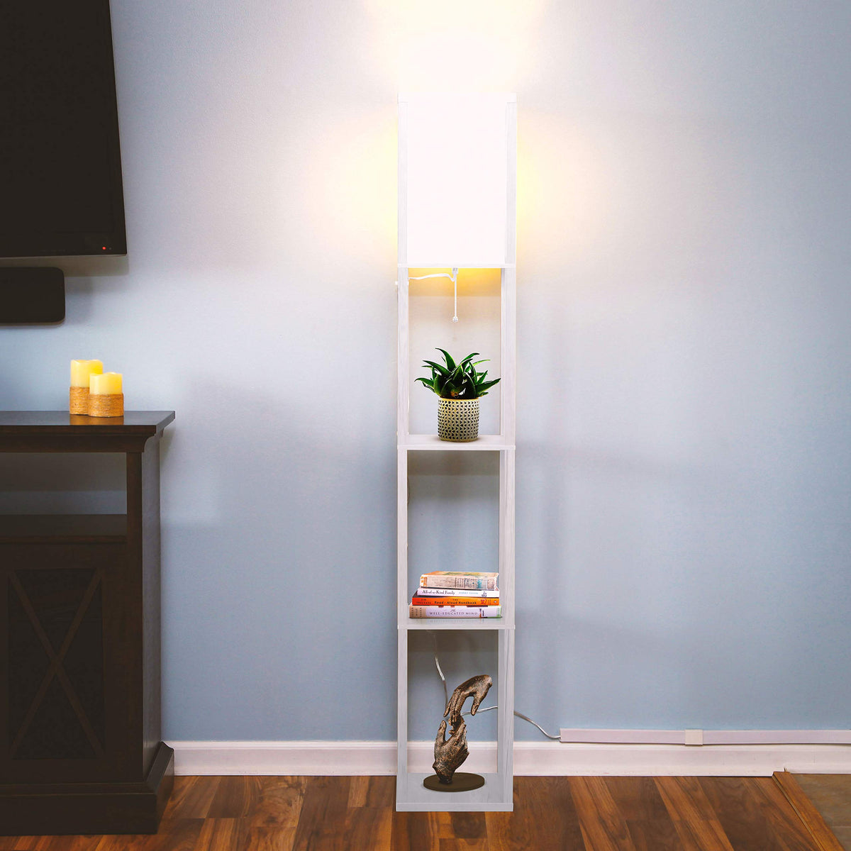 Brightech Maxwell storage and lighting in one corner unit for organization.