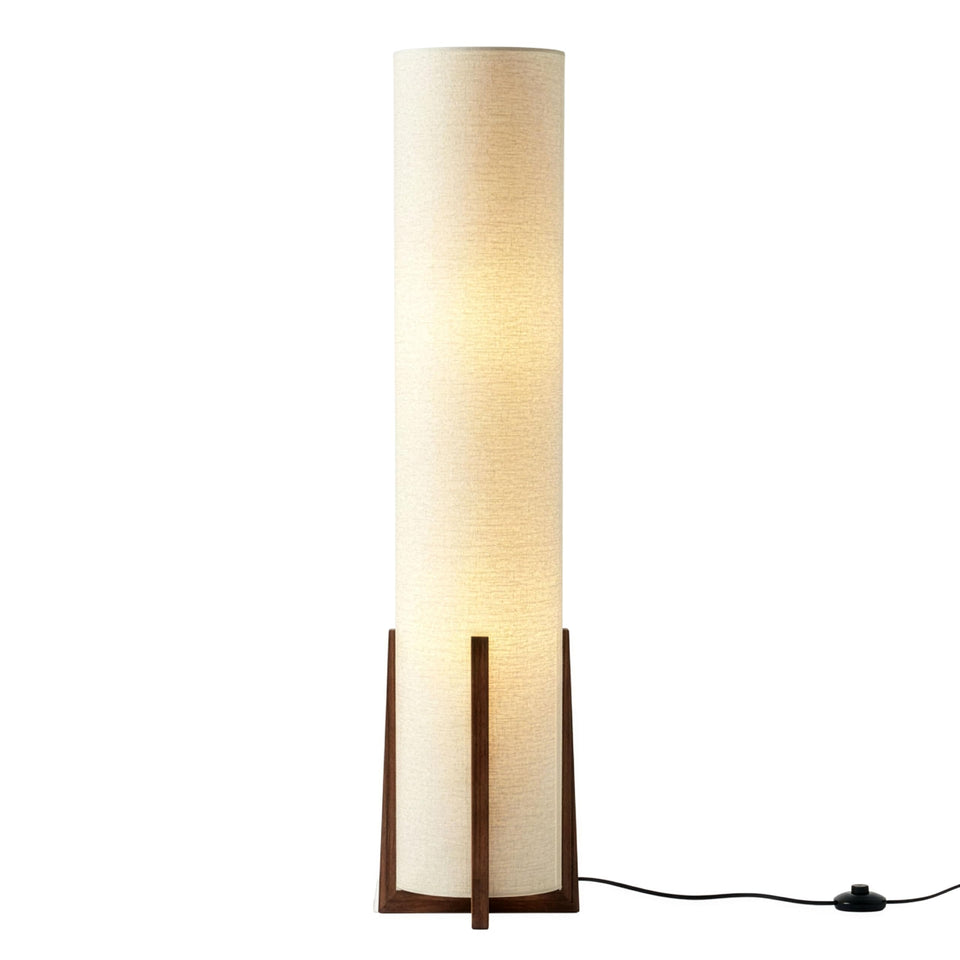 Brightech Parker floor lamp with wooden frame illuminating a living room area