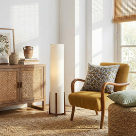 Brightech Parker wood base saving space in a compact living area