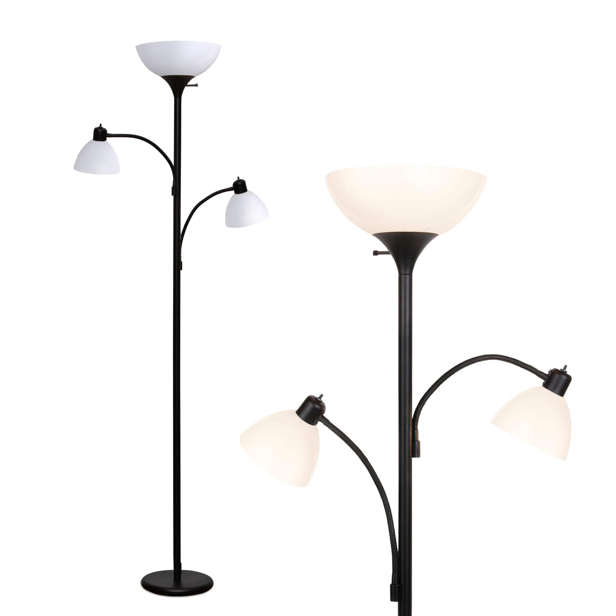 Brightech Sky Dome Double LED Floor Lamp with reading lamps providing warm ambient lighting