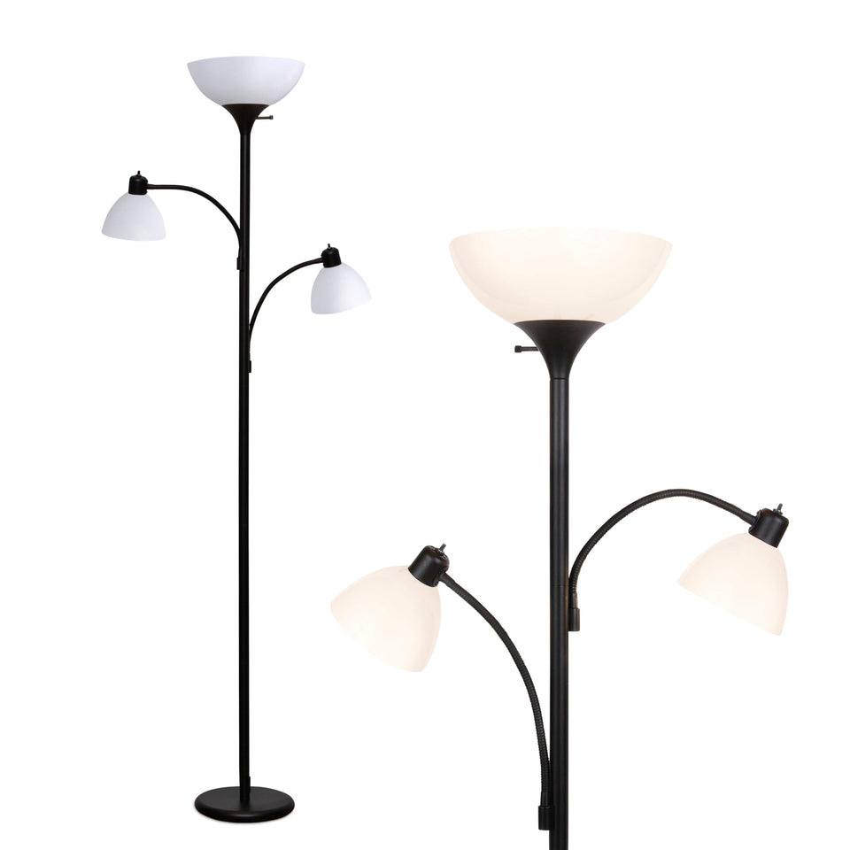 Brightech Sky Dome Double LED Floor Lamp with reading lamps providing warm ambient lighting