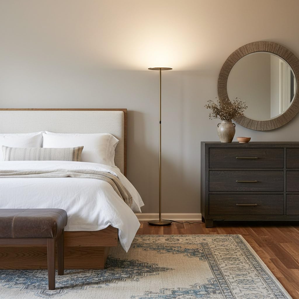 Brightech Sky placed in a corner to save space in small rooms.