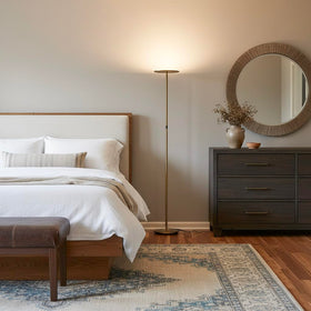 Brightech Sky placed in a corner to save space in small rooms.
