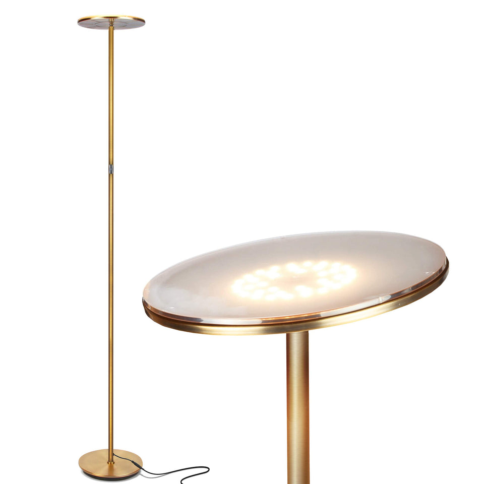 Brightech Sky floor lamp in living room, wide view with warm ambient glow.