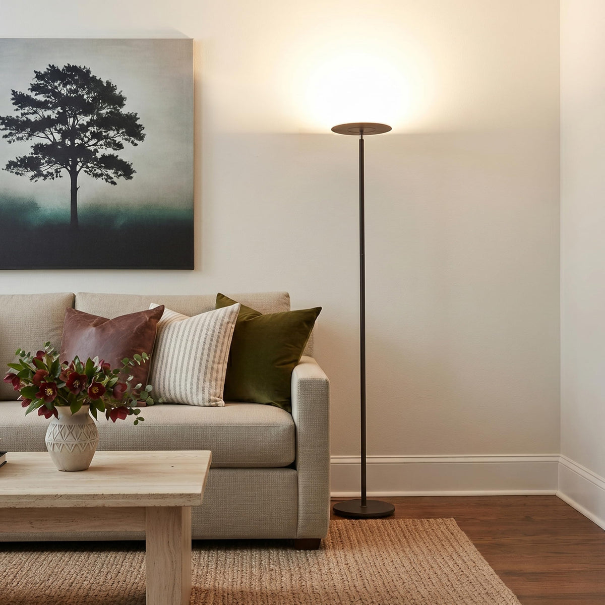 Brightech Sky floor lamp with three‑way dimmer for customizable mood lighting.