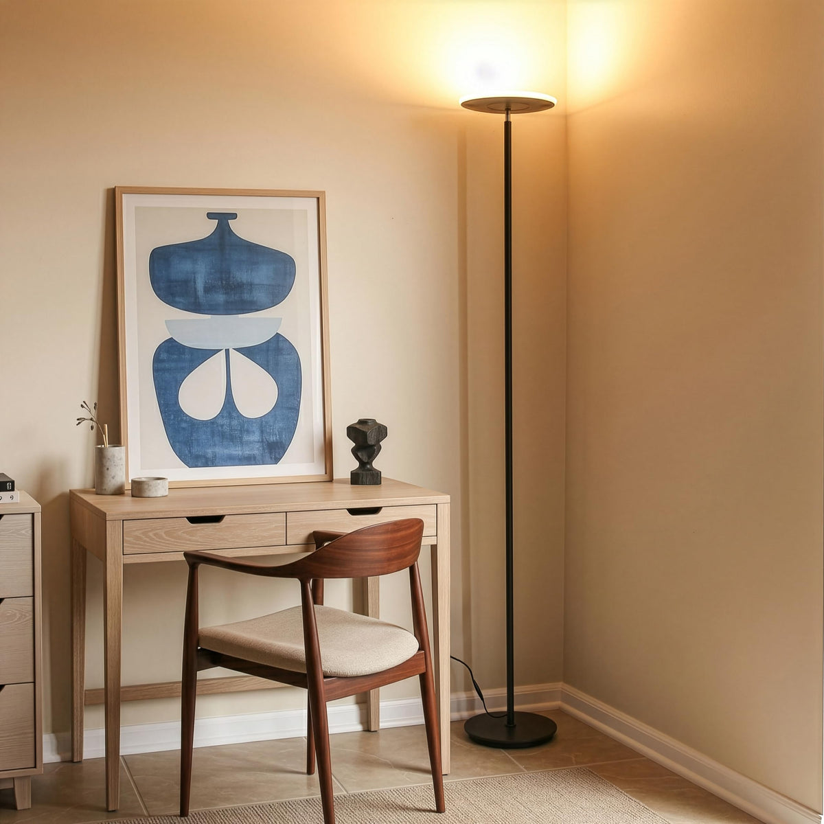 Brightech Sky floor lamp showing weighted base for stable placement.