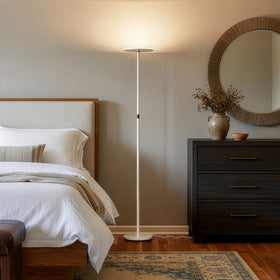 Brightech Sky dimmable torch lamp shows three brightness levels for adaptable mood lighting.
