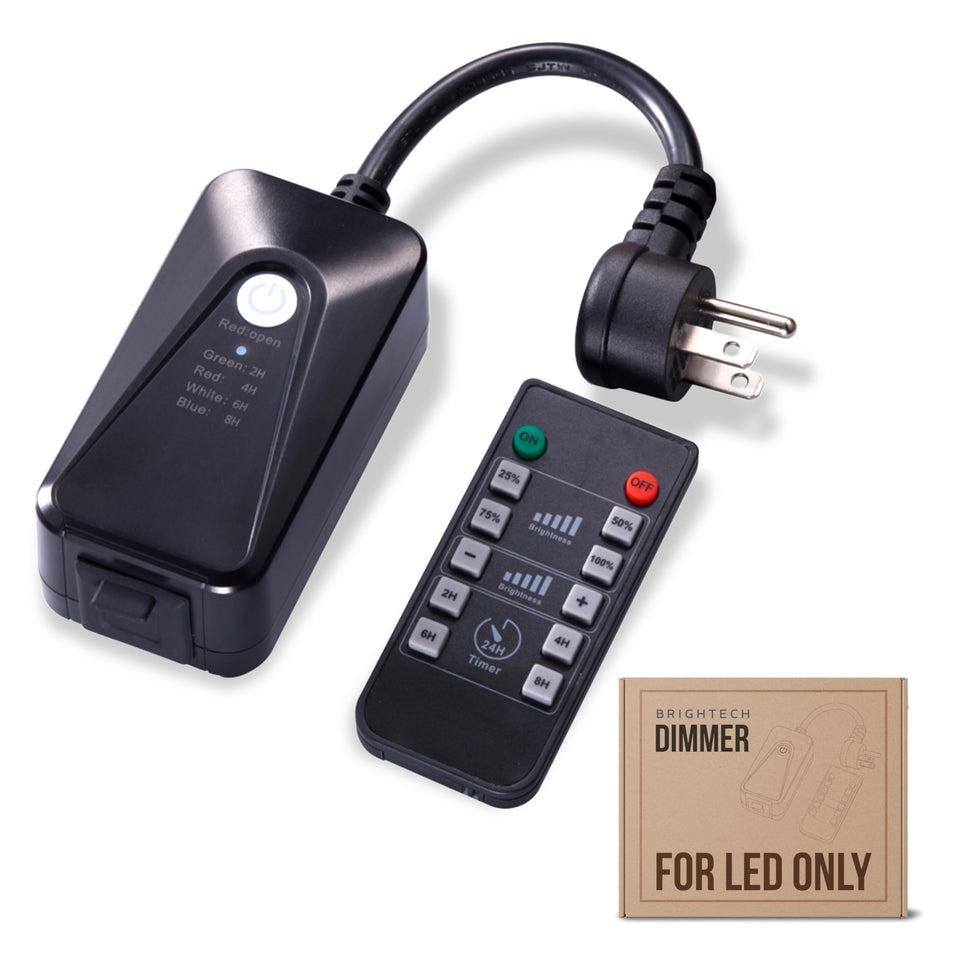 Brightech Smart Dimmer Plug with remote control enabling convenient outdoor lighting adjustments.