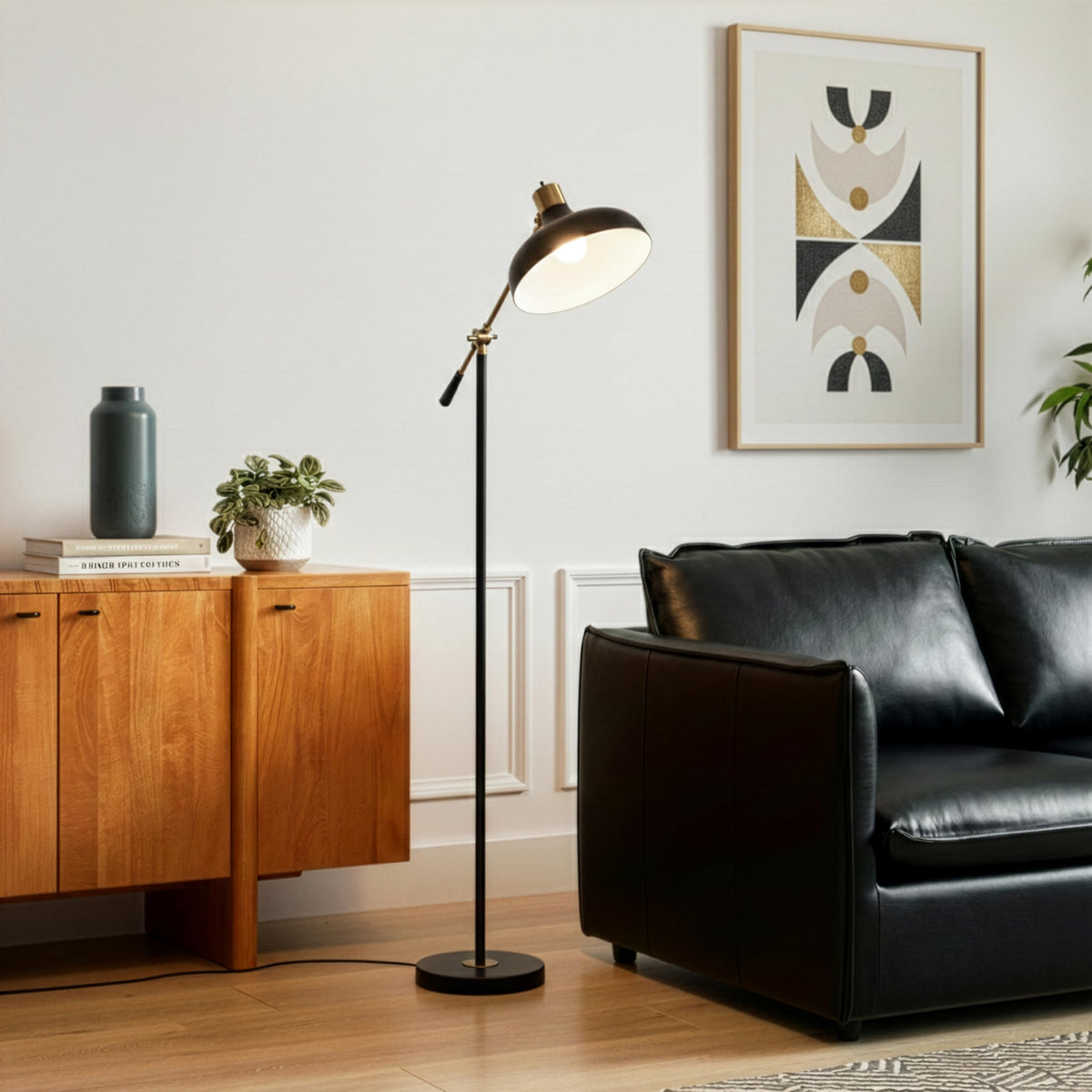 Brightech Wyatt adjustable head highlights a cozy reading nook.