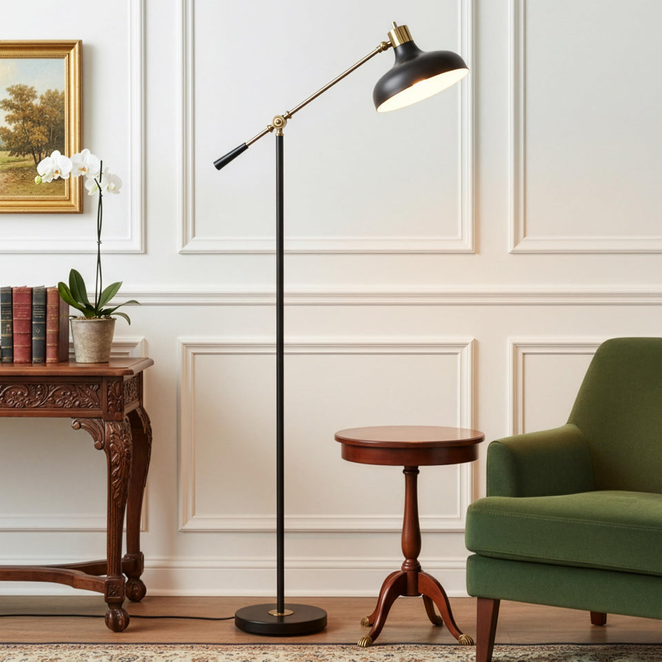 Brightech Wyatt LED floor lamp base casts warm ambient light in living room.