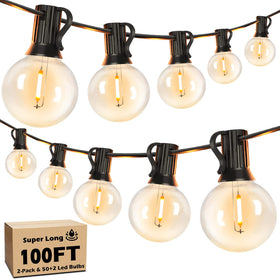 Brightever 100ft outdoor string lights illuminate patios with warm Edison-style glow.
