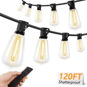 Brightever 120ft LED string lights with remote illuminate outdoor spaces for cozy evenings.