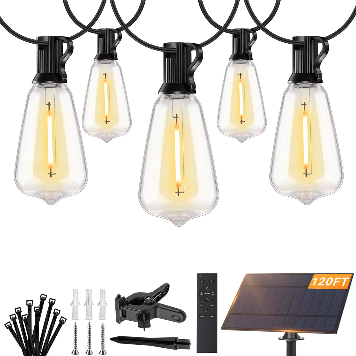 Brightever 120ft solar string lights illuminate an outdoor patio warmly