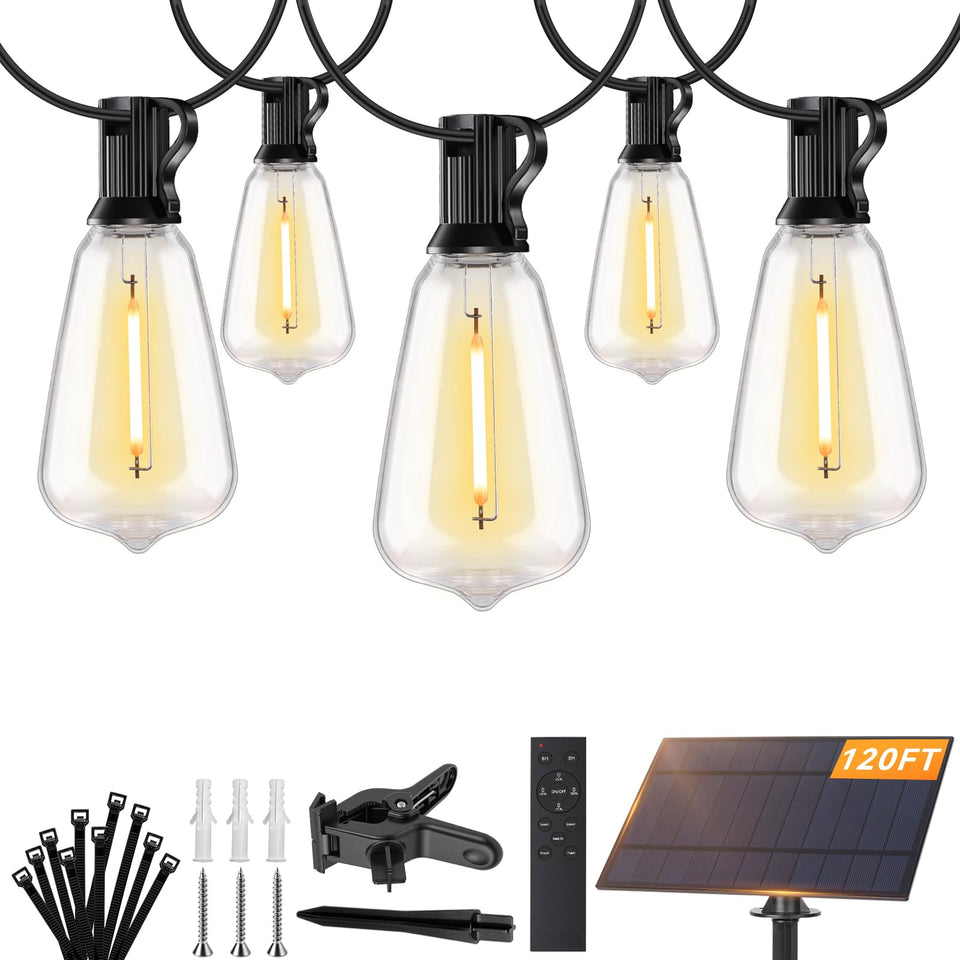 Brightever 120ft solar string lights illuminate an outdoor patio warmly