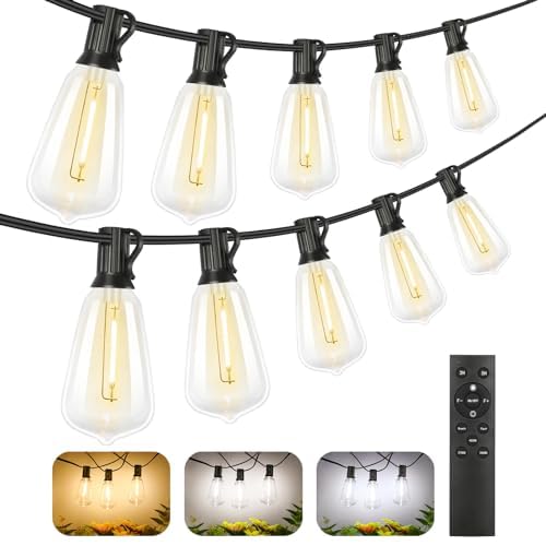 Brightever 3-color LED outdoor string lights with 100 ft length for patio ambiance.