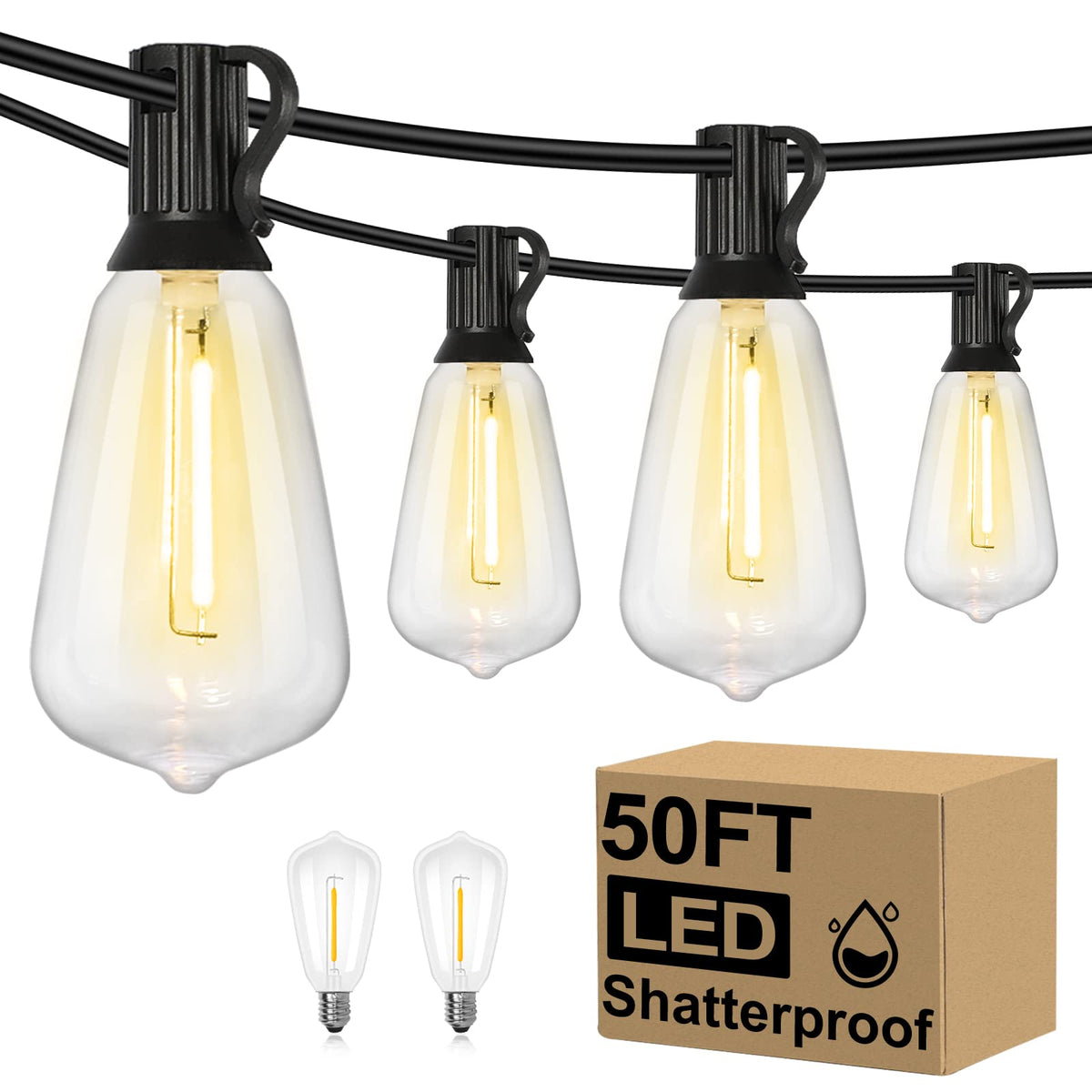 Brightever 50ft outdoor string lights brighten patios with 27 ST38 bulbs for even illumination.