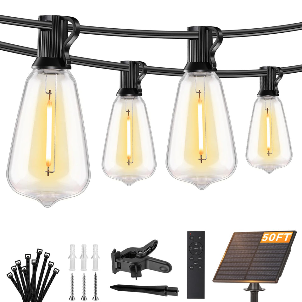 Brightever 50ft solar string lights main string glow for outdoor evenings.
