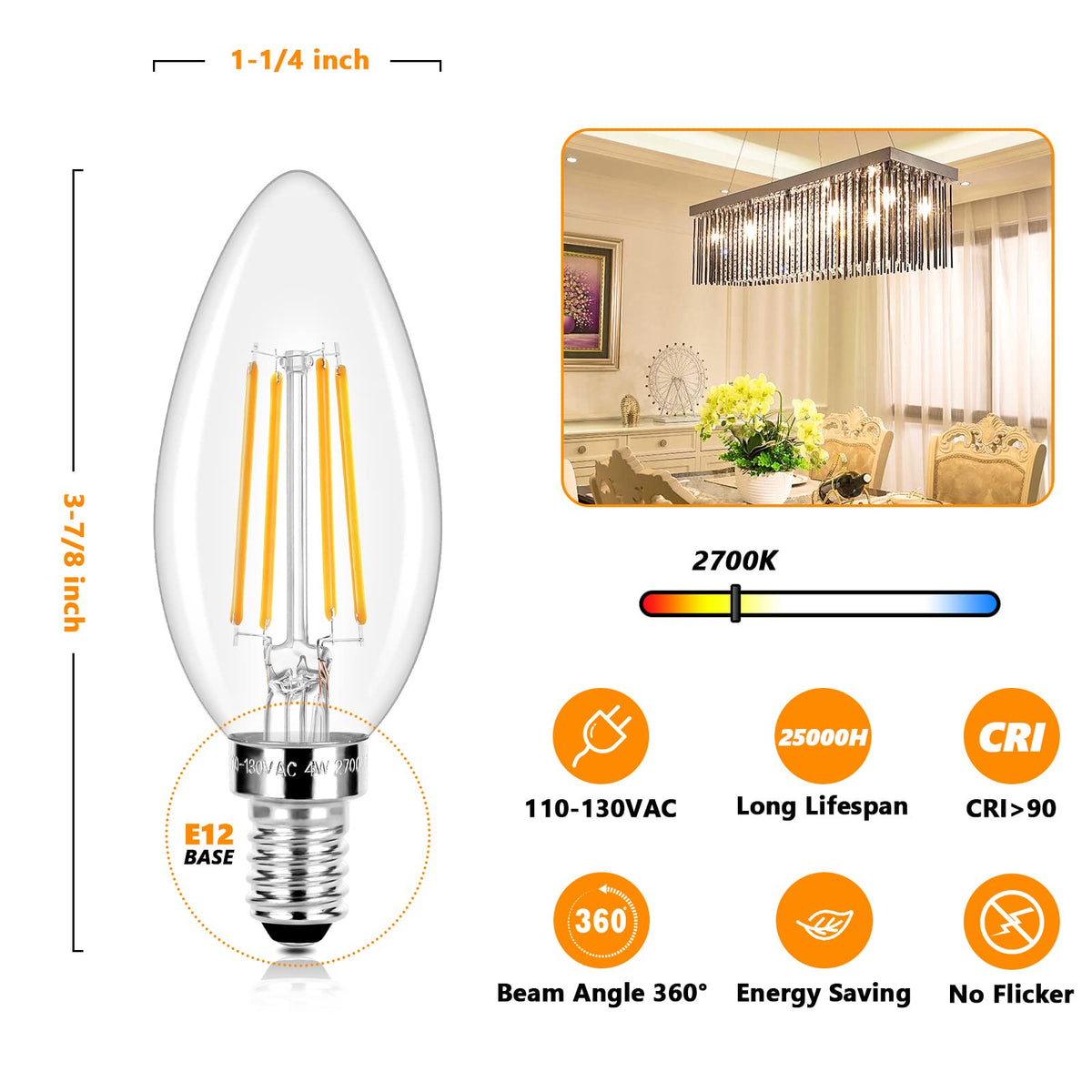 Brightever E12 bulb in chandelier, showcasing warm 2700K glow.