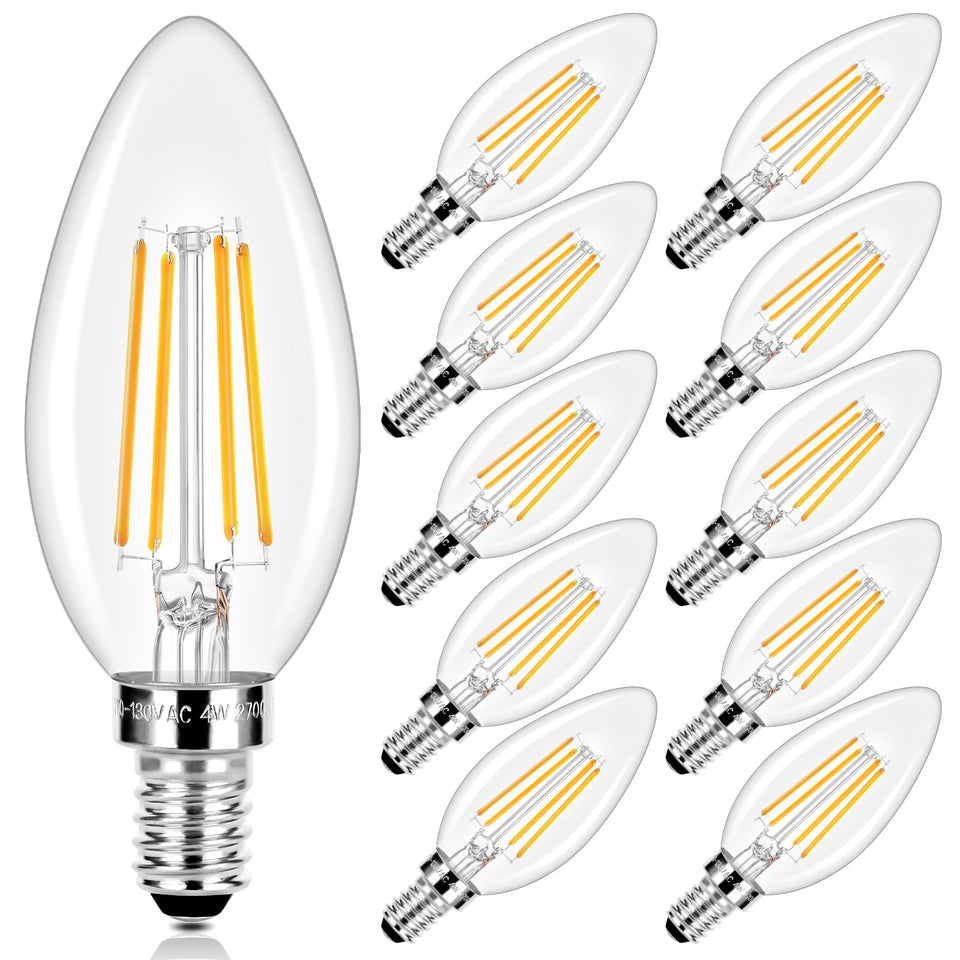Brightever E12 candle bulb with clear filament, close-up for chandelier ambiance.