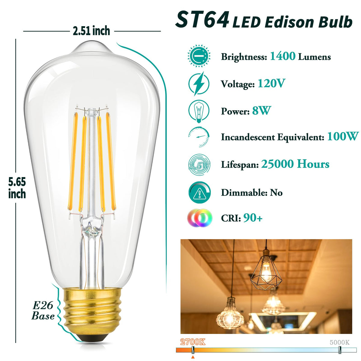 Brightever E26 base Edison bulb fits chandeliers and sconces.
