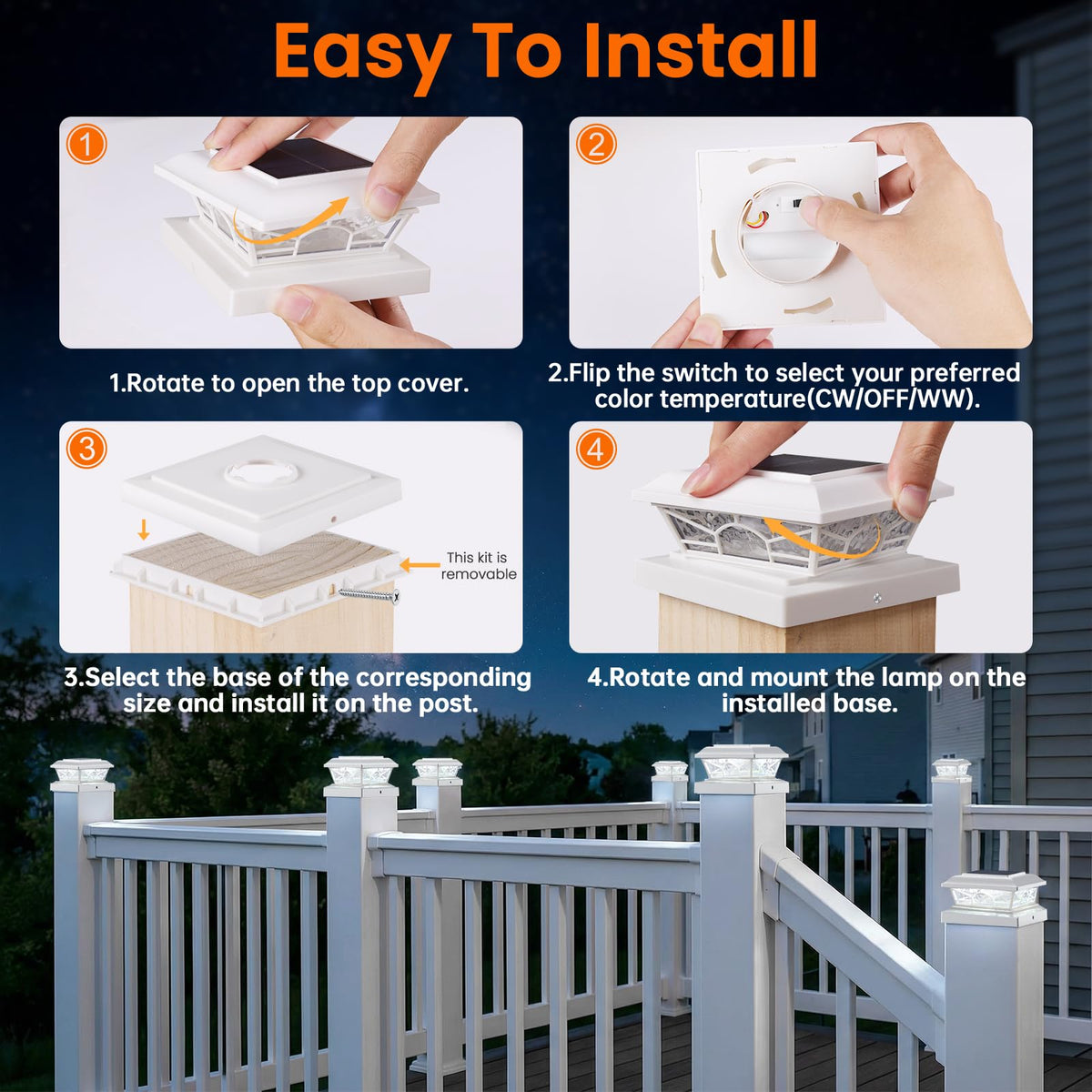 Brightever easy 30-second installation on 4x4 posts with no wiring required.