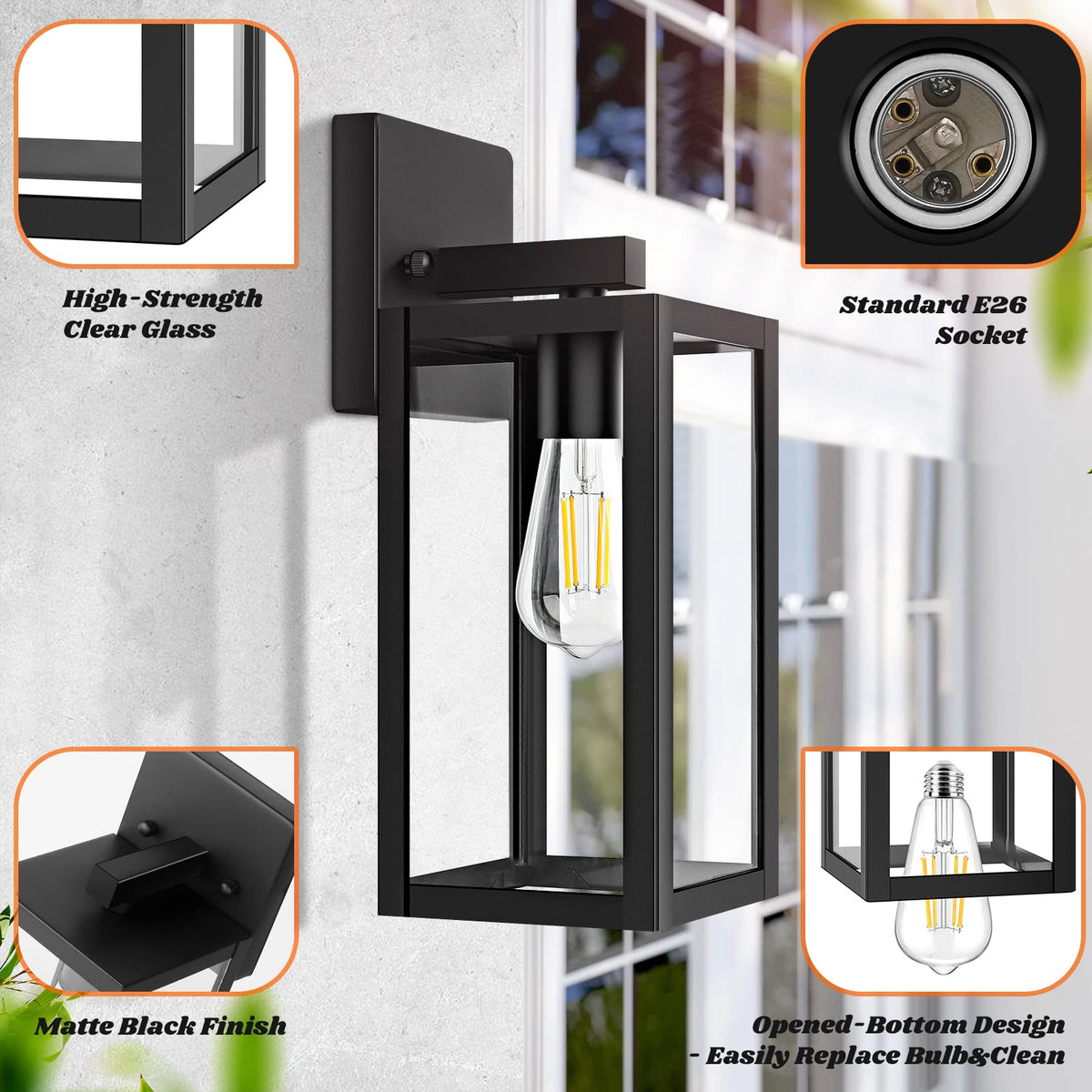 Brightever black front porch light with E26 socket for versatile bulb options.