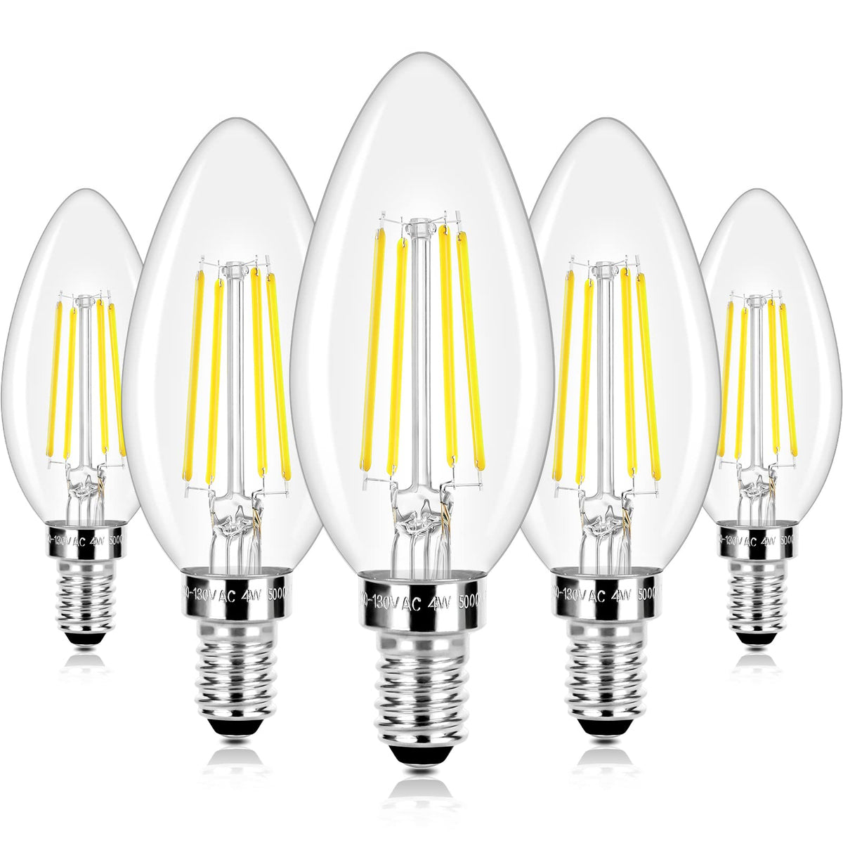 Brightever LED candle bulbs filaments close-up with 470 lumens and stable daylight glow.