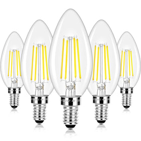 Brightever LED candle bulbs filaments close-up with 470 lumens and stable daylight glow.