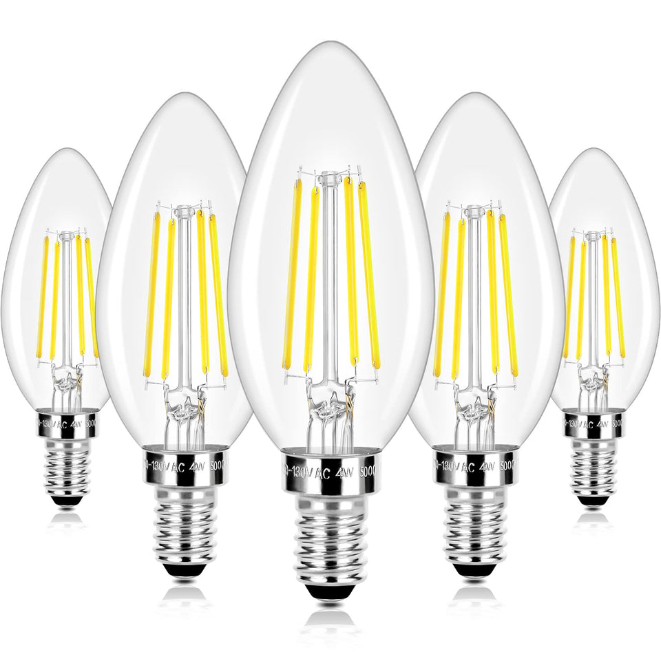 Brightever LED candle bulbs filaments close-up with 470 lumens and stable daylight glow.