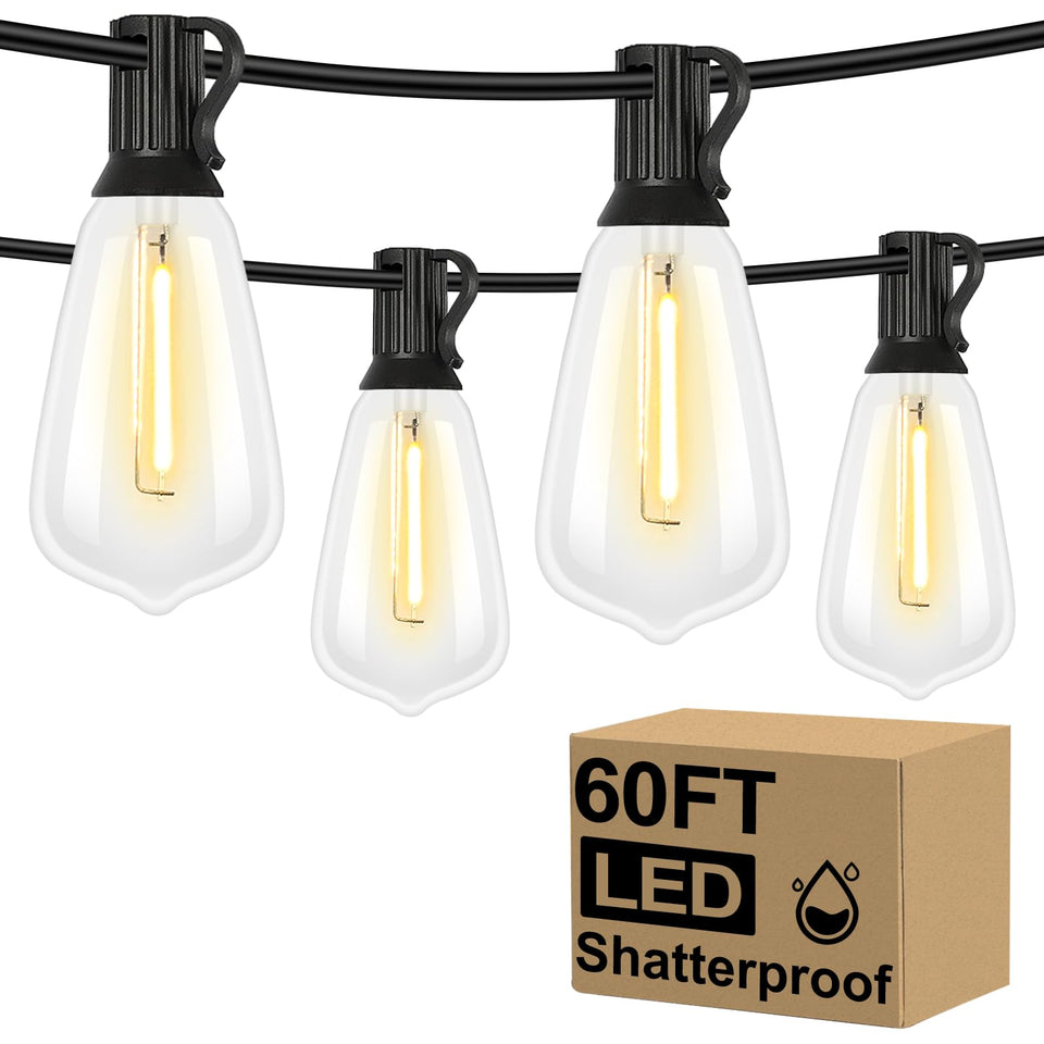 Brightever LED outdoor string lights with 60ft length and warm Edison bulbs illuminate a patio.