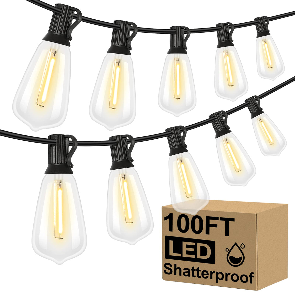 Brightever 100ft outdoor string lights create warm ambiance for patios and decks.