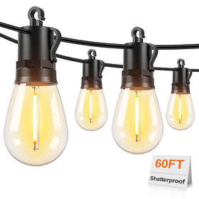 Brightever outdoor string lights extend 60ft for large patios with S14 bulbs.