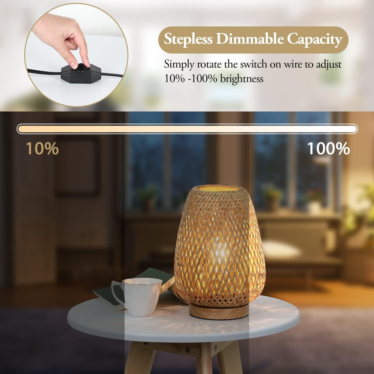 Brightever rattan table lamp dimmable switch enables adjustable light for mood changes.