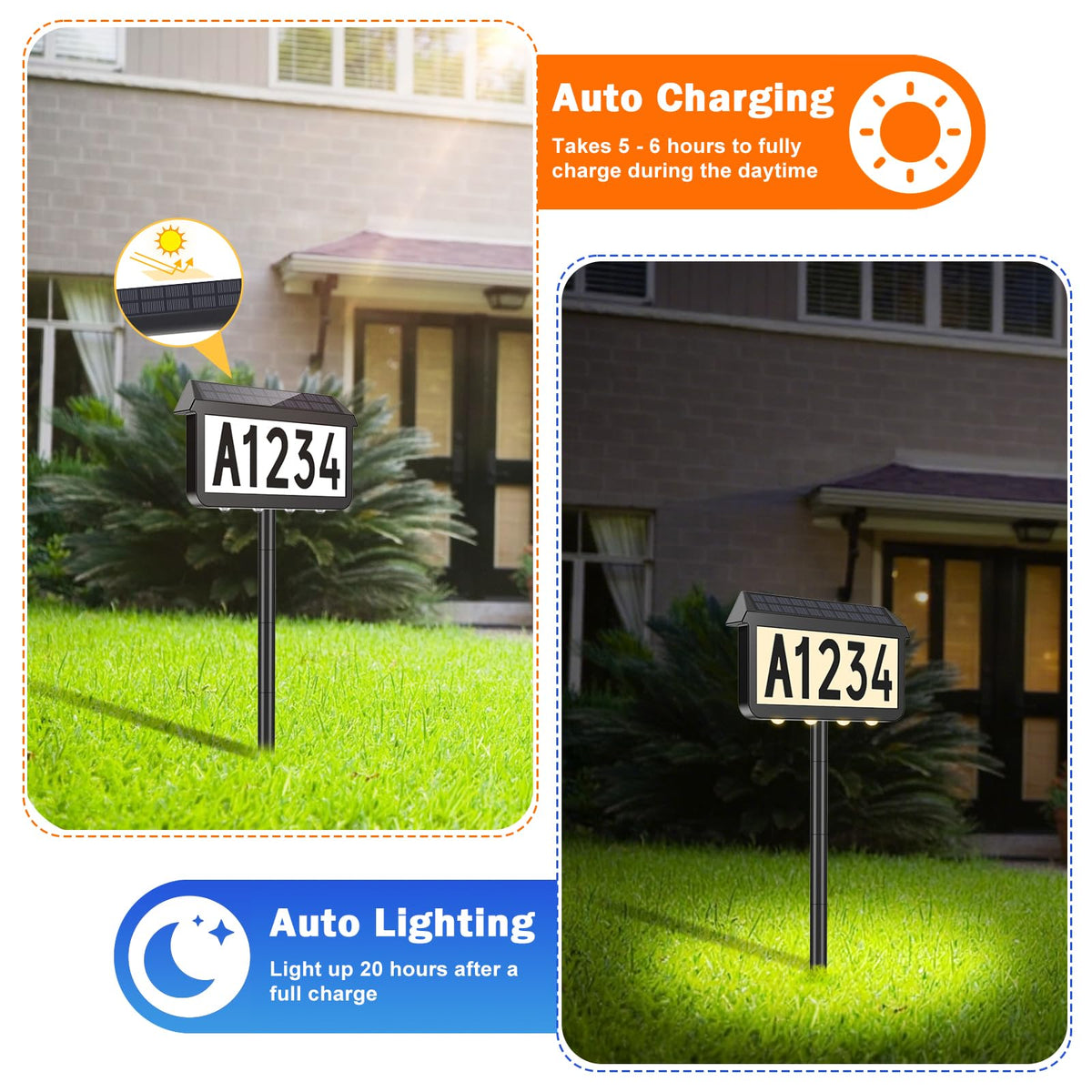 Brightever Solar Address Sign can be wall-mounted or staked in the garden.