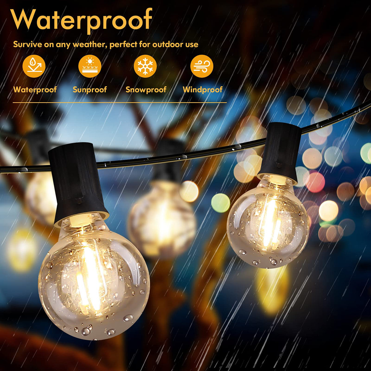 Brightever waterproof outdoor string light withstands rain, snow, and wind.