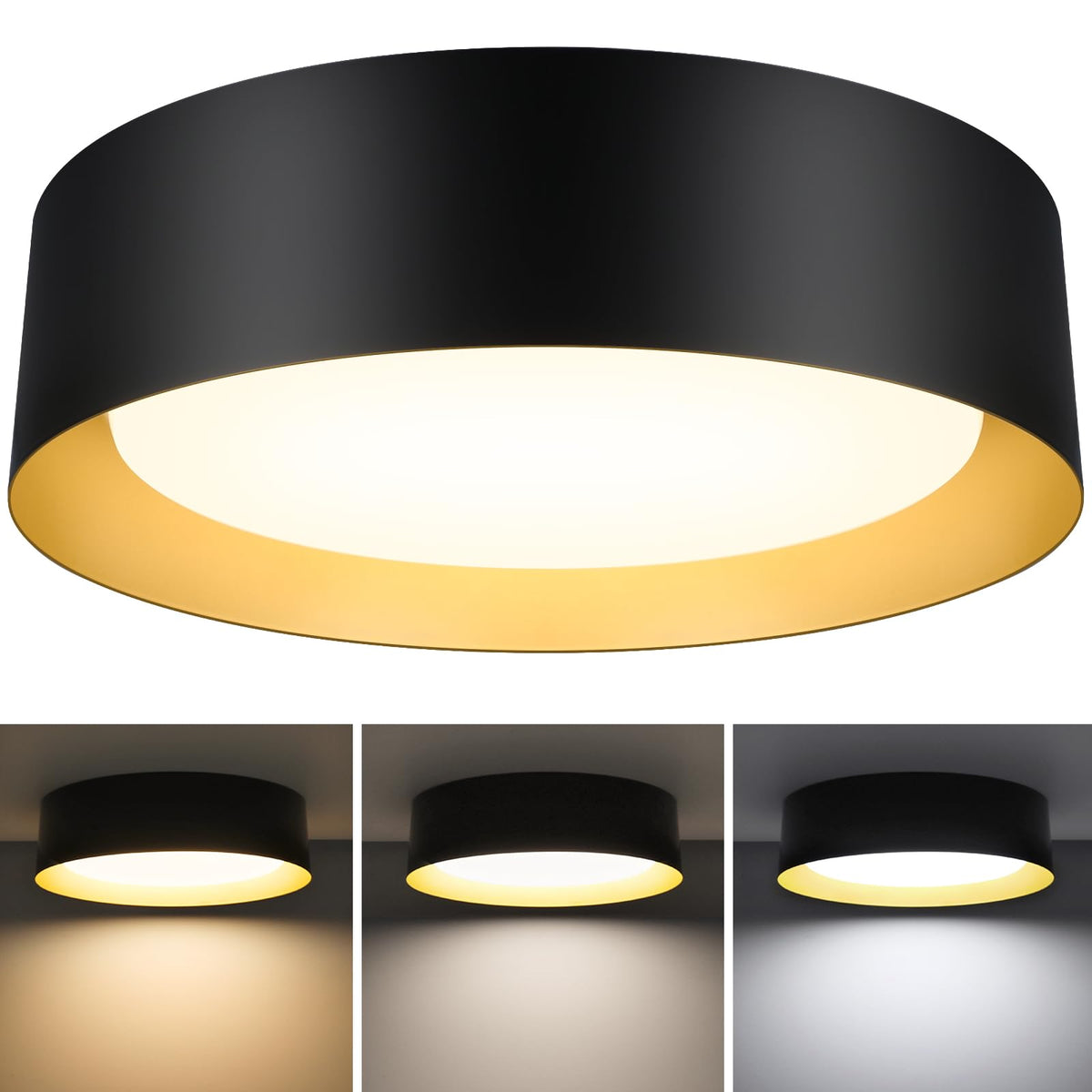 BrightHome flush-mount front view with black-gold finish enhances entryway ambiance.