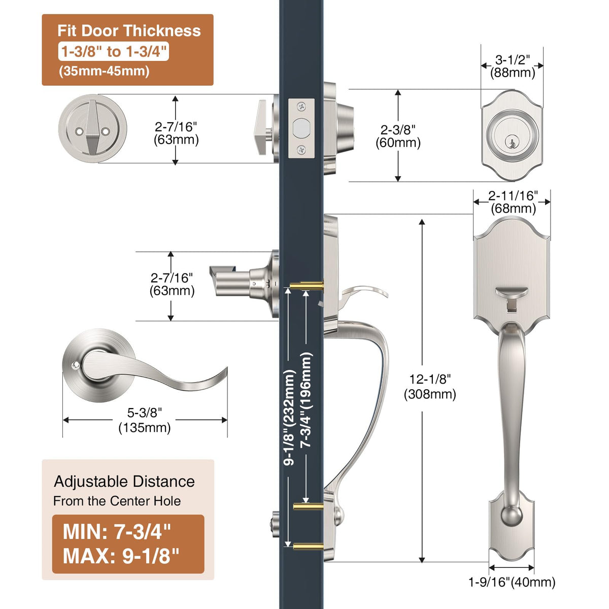 Brightify adjustable latch 60mm-70mm highlights flexible fit for common door thicknesses.