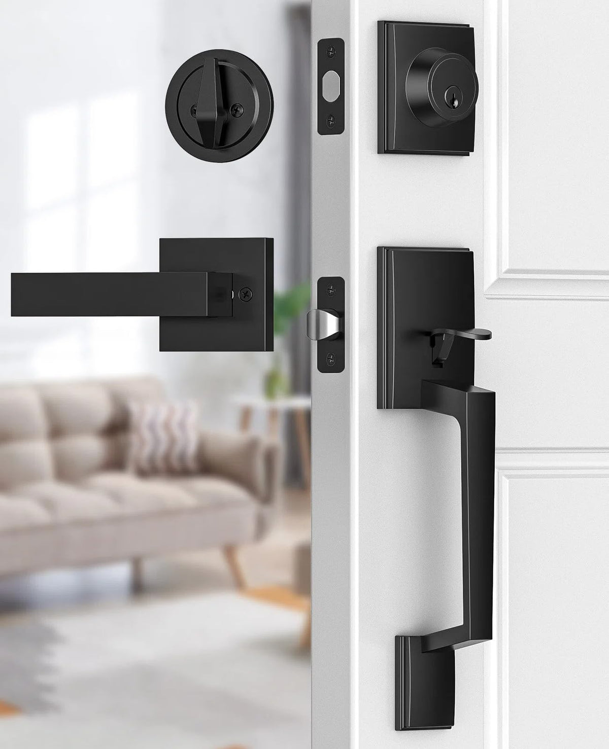 Brightify front door handle lever in matte black for smooth operation.