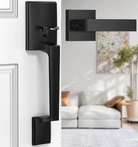 Brightify black front door handle with passage lever for easy entry.