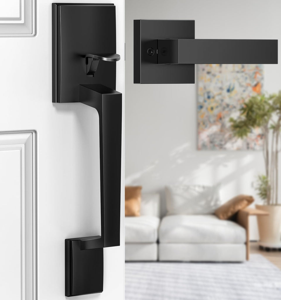 Brightify black front door handle with passage lever for easy entry.