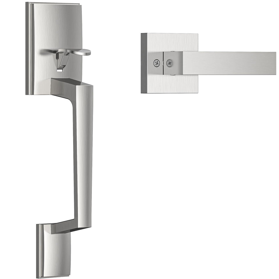 Brightify front door handle with satin-nickel finish, durable zinc alloy construction.