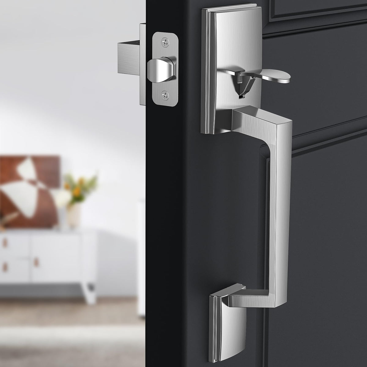 Brightify satin-nickel exterior handle blends with modern homes.