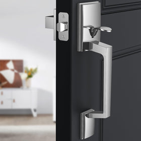 Brightify satin-nickel exterior handle blends with modern homes.