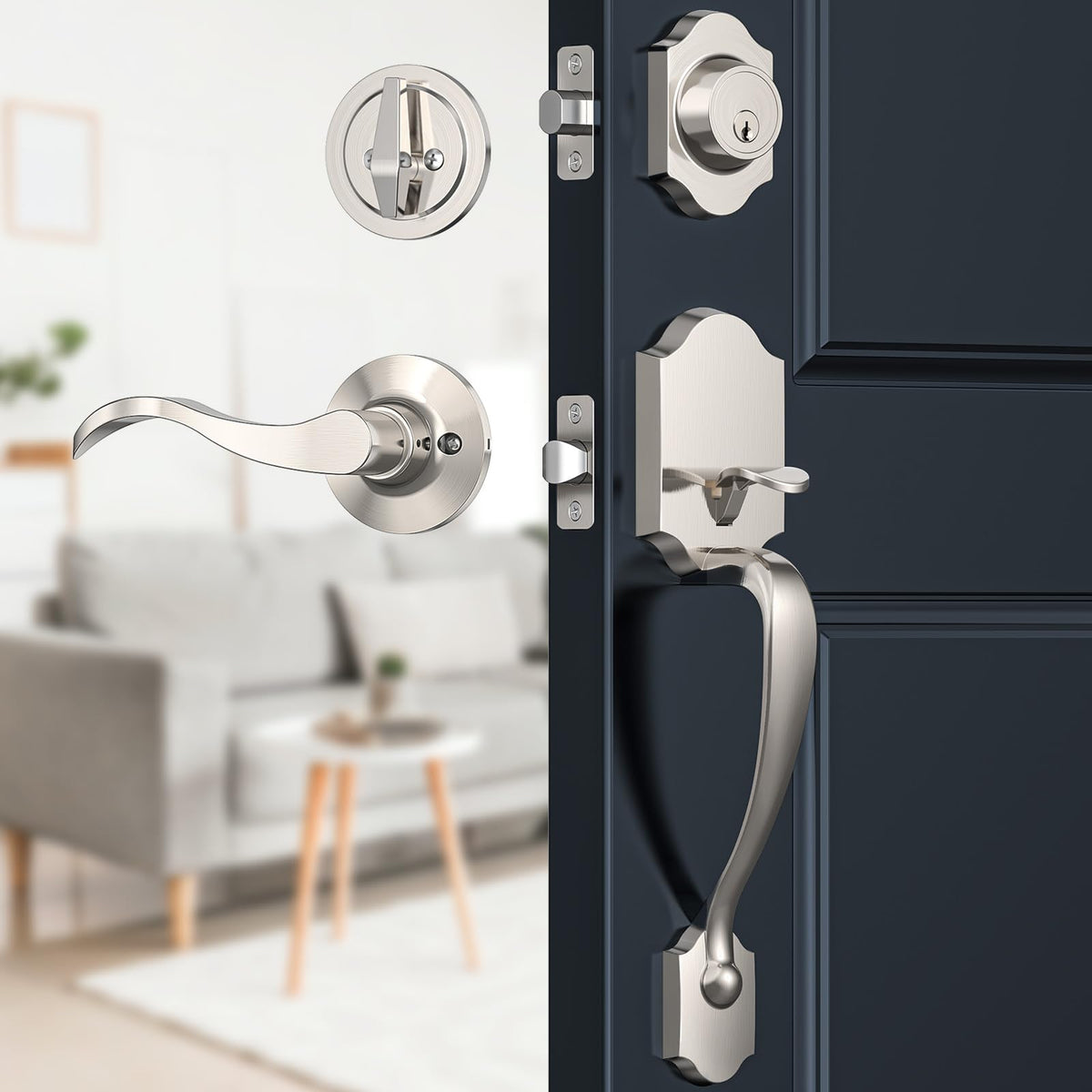 Brightify satin nickel front door lock set lever closeup shows reversible handle for both door sides.