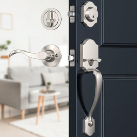 Brightify satin nickel front door lock set lever closeup shows reversible handle for both door sides.